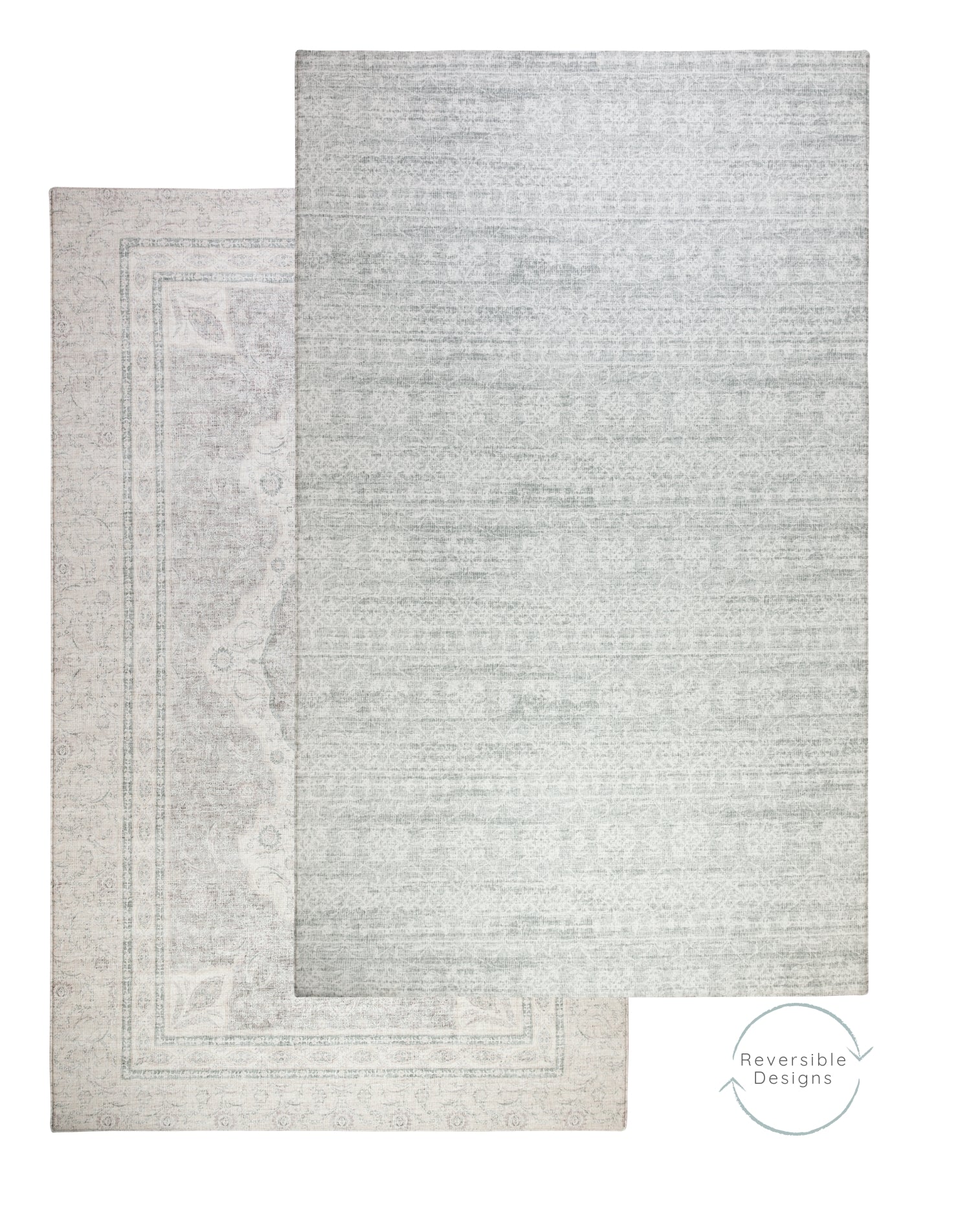 An extra large padded playmat with a stylish design on two sides. The front side shows a grey delicate textile pattern and the reverse is a Persian rug-like design with a subtle border