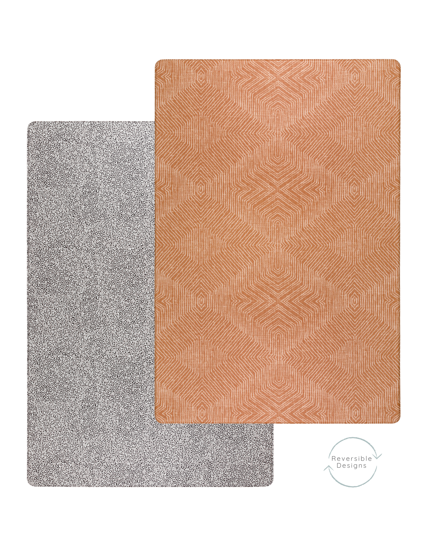 two sides of the reversible and padded play mat designed to support babies and look stylish in the modern family home