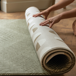 Unrolling thick one piece play mat with dual designs for more choice on one side a green kilim pattern has a rug aesthetic the reverse includes a stylish polka pattern
