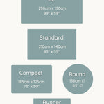 Sizing chart for Totter + Tumble playmats. The XL playmat is 250cm x 150cm and 1.3cm thick