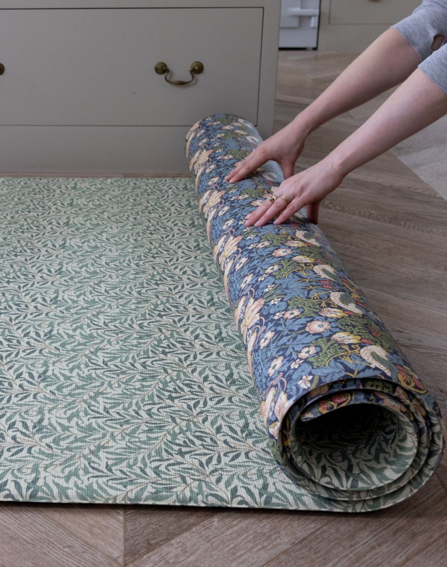 totter and tumble playmats are reversible, one piece, roll away and easy to clean. Designed to stay out for all the family to enjoy. Our beautiful Morris & Co collection comes in willow boughs + strawberry thief on the double sided playmat