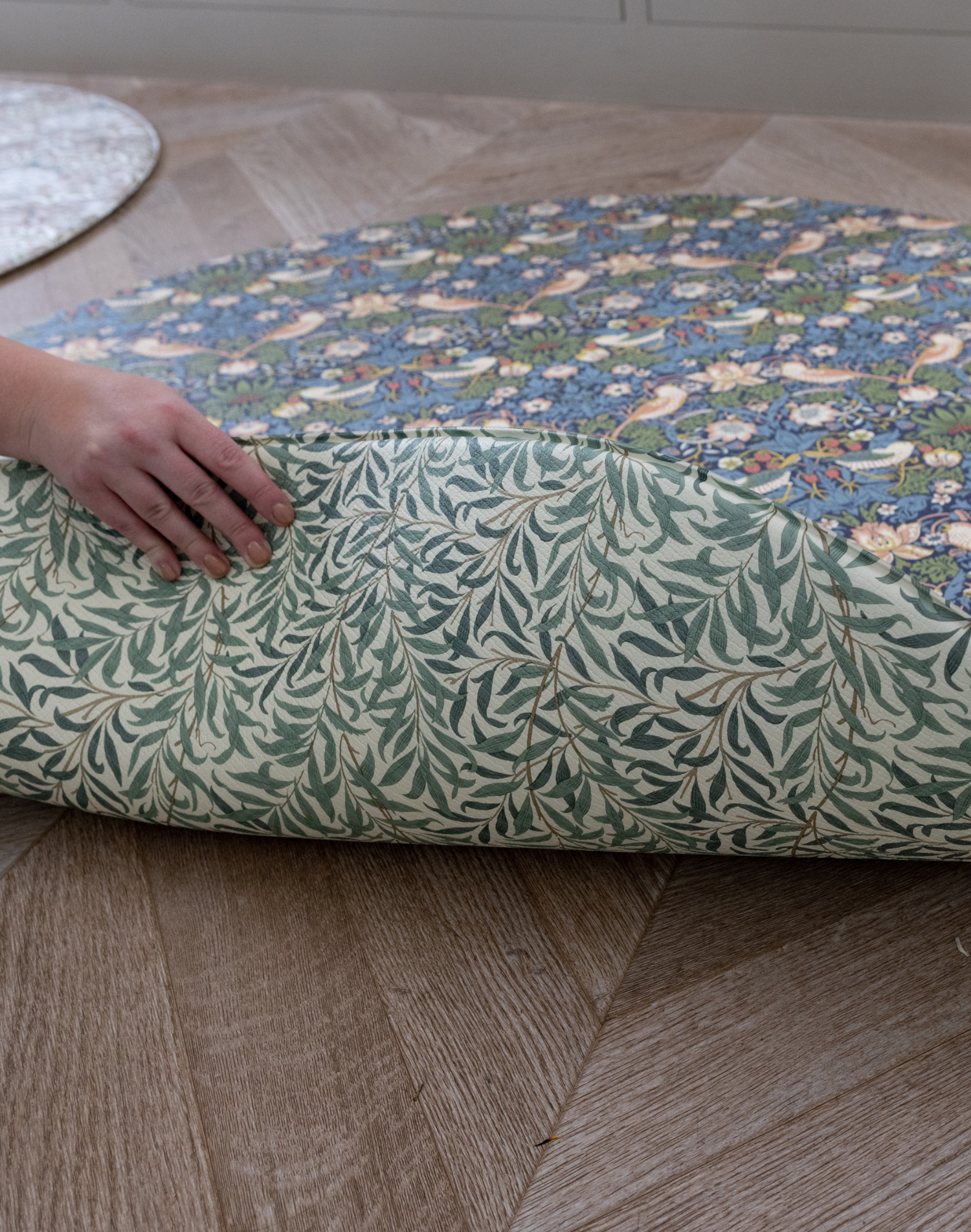 totter and tumble reversible playmat in new morris & co collaboration collection in the iconic willow boughs designs and strawberry thief. Double sided play mat with 2 options for your home interior style!