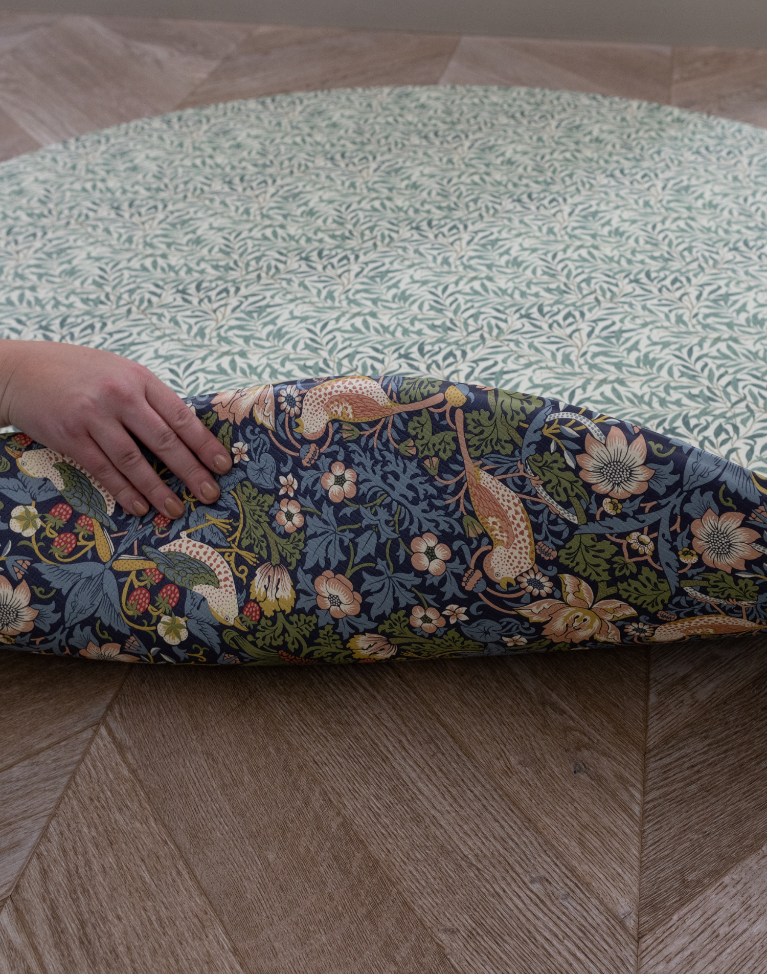 Morris & Co print playmats by totter and tumble in reversible designs the willow boughs double sided, easy to clean washable play rug, this wipedown playmat offers the strawberry thief design by william morris on the reversible side