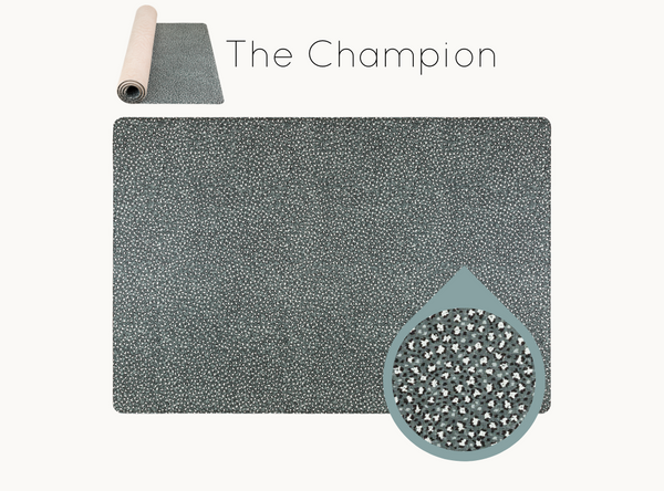 Totter and Tumble the champion playmat in deep forest grey with a ditsy animal print