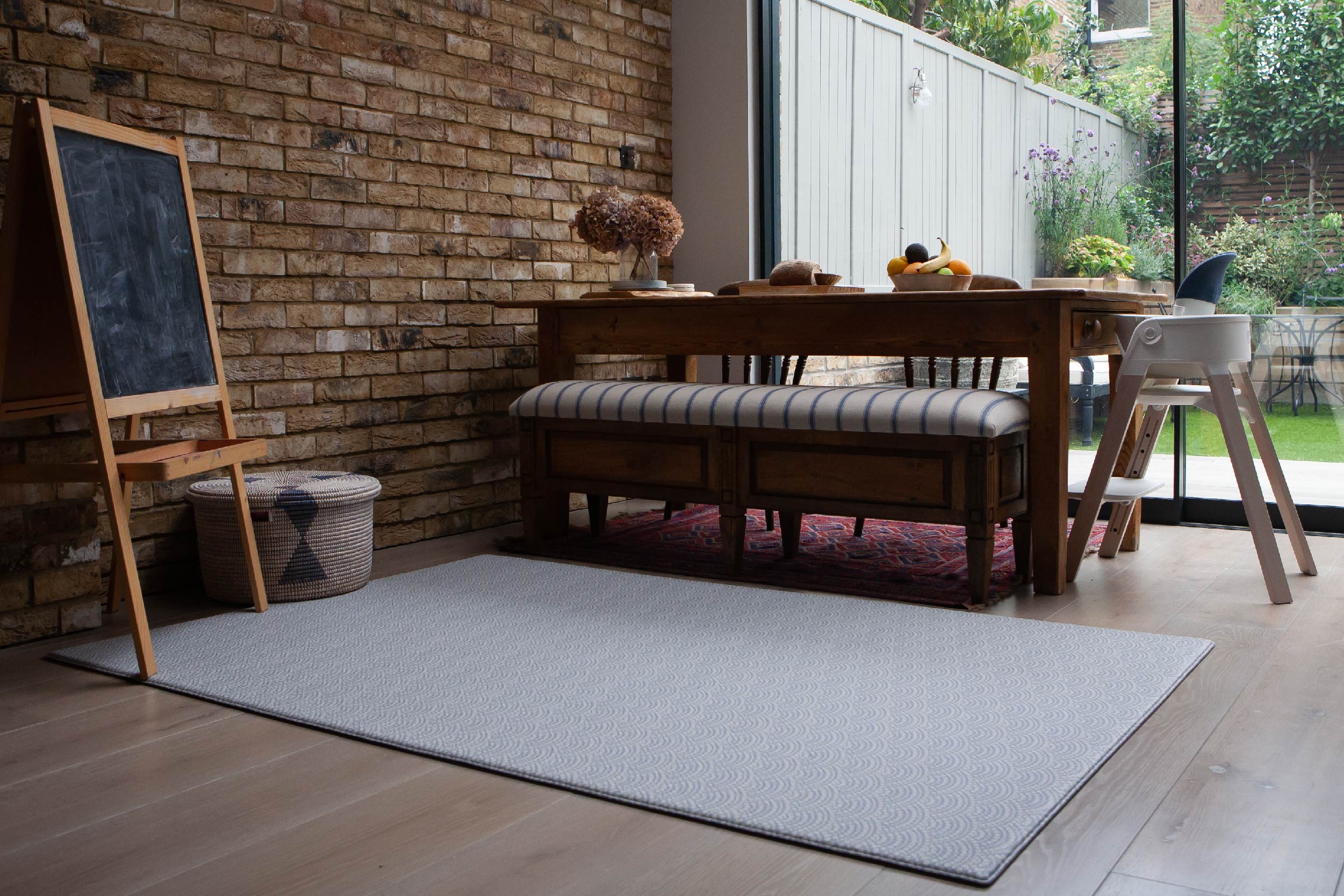 Totter + Tumble's Seafarer iron blue kids play mat to fit in with your home interior reversible design play mat yellow hexagonal-striped design Keeper foam playmat