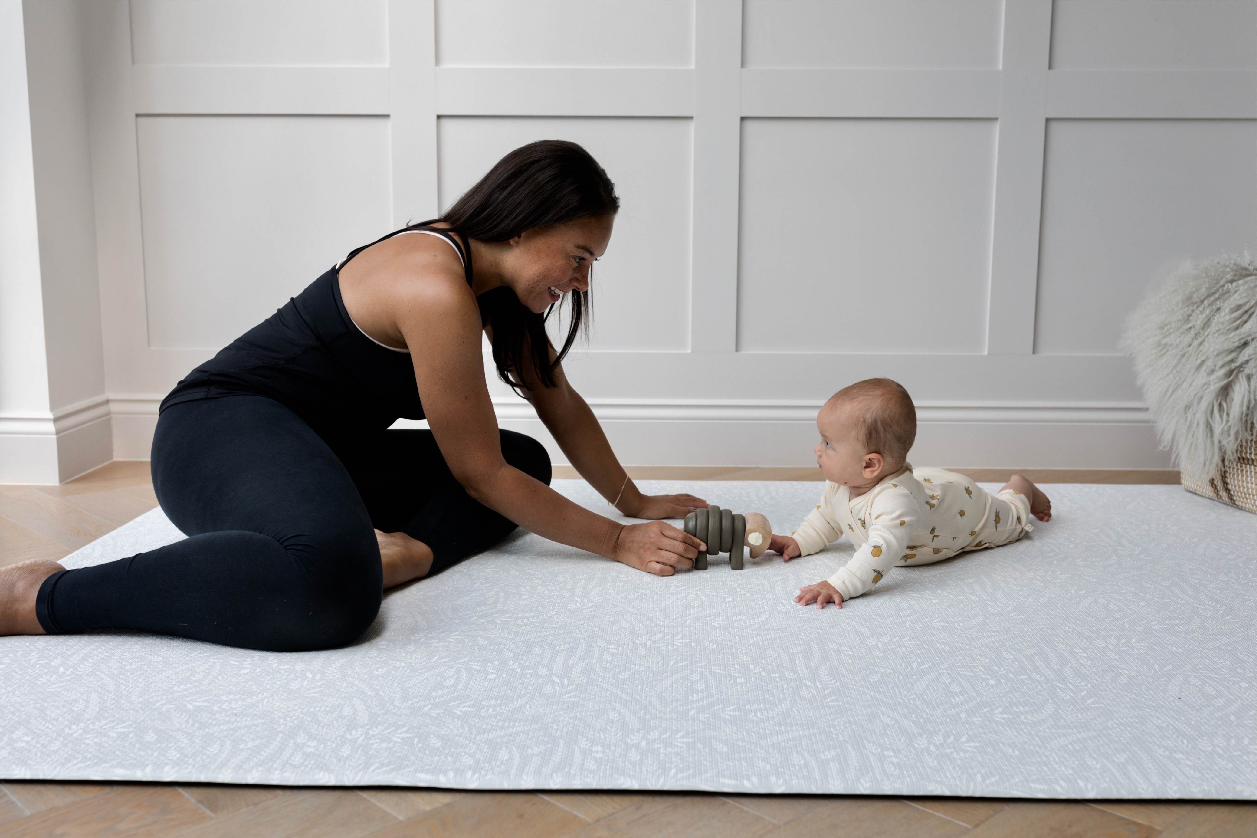 Totter and tumble The Thinker is the lightest of the cool grey padded playmats botanical pattern. Modern contemporary minimal pattern baby mat for playing