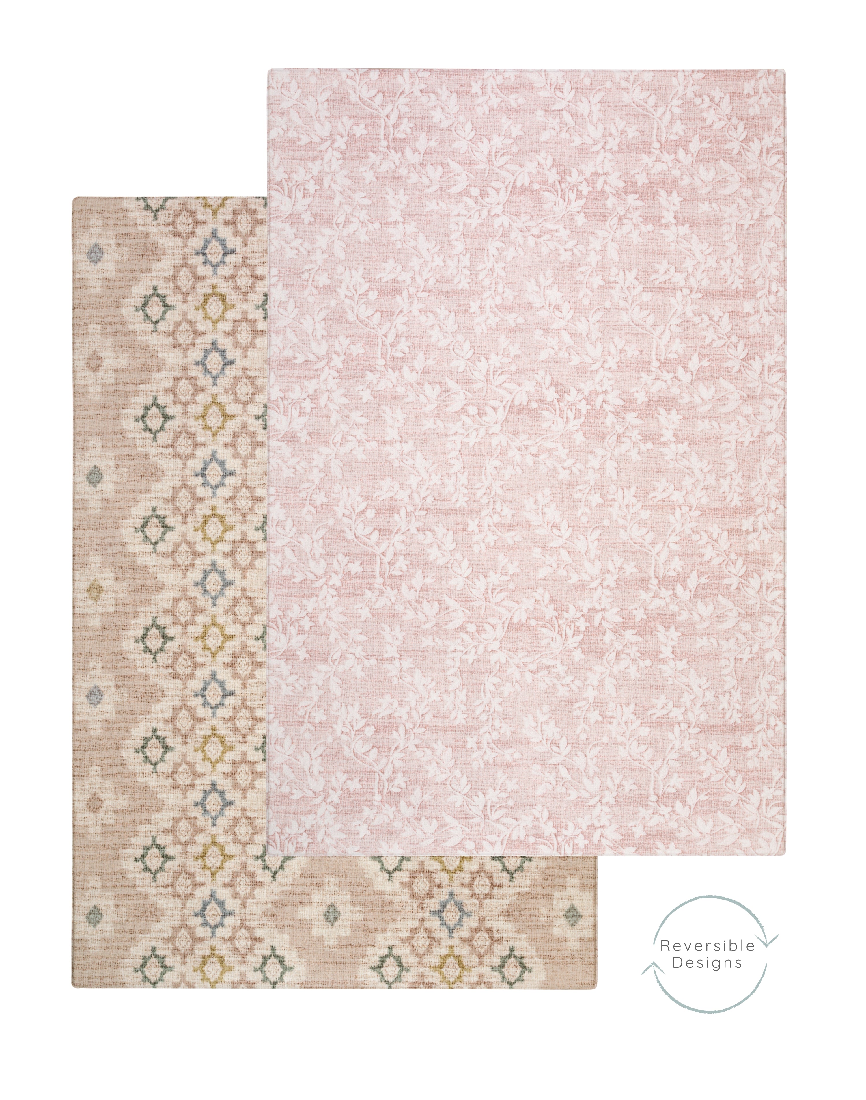 Reversible Totter + Tumble play rugs with a double sided design in pink