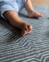 Little feet rest supported on the luxury memory foam mat by totter and tumble with a monochrome rug like design