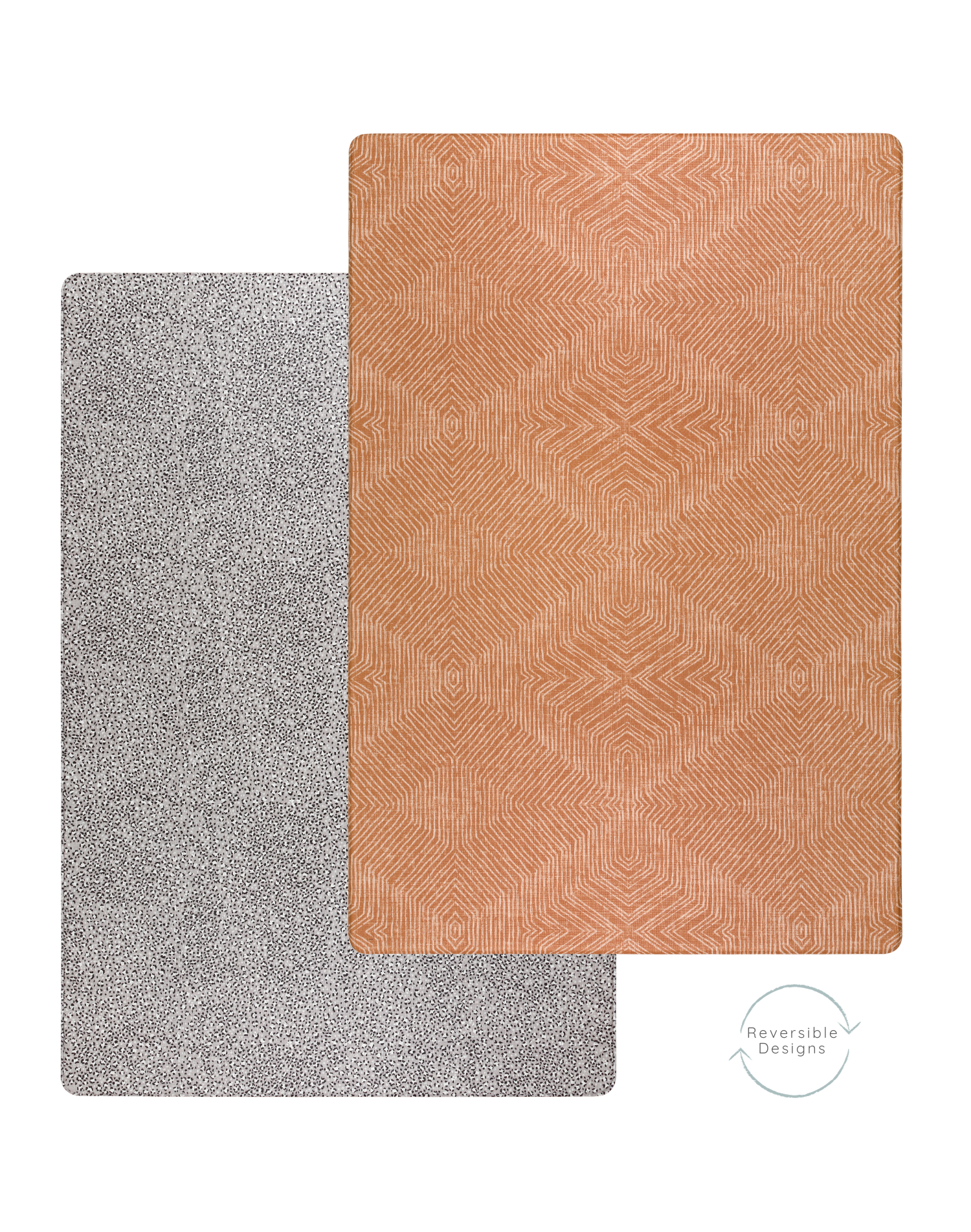 two sides of the reversible and padded play mat designed to support babies and look stylish in the modern family home 