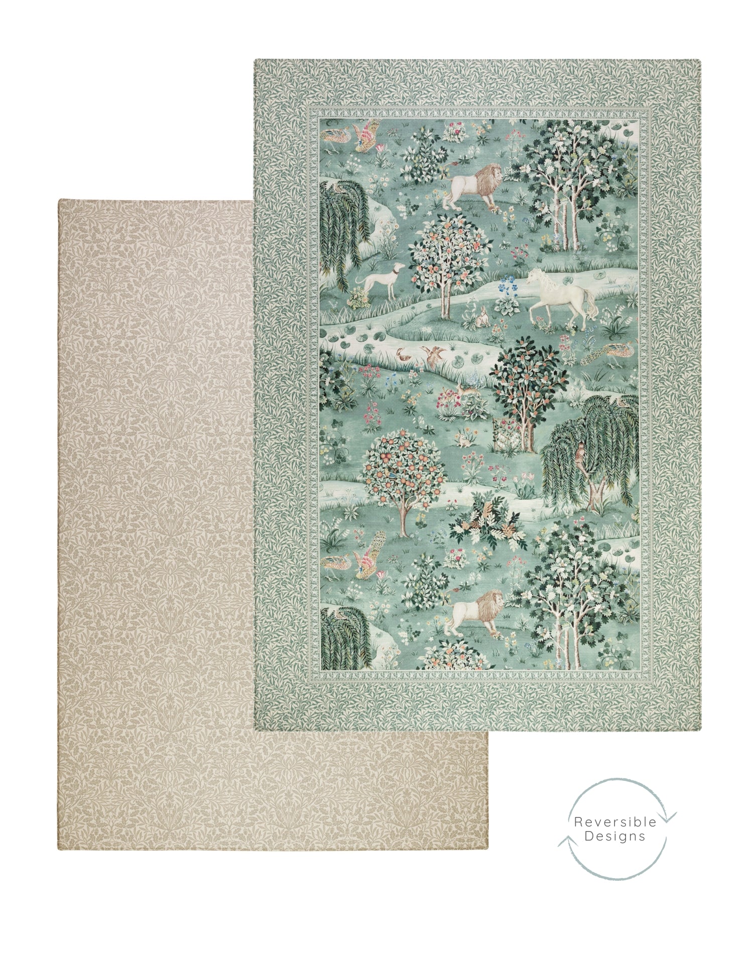 Close-up of reversible Totter + Tumble one-piece luxury playmats featuring heritage-inspired prints; designer nursery decor with timeless appeal.