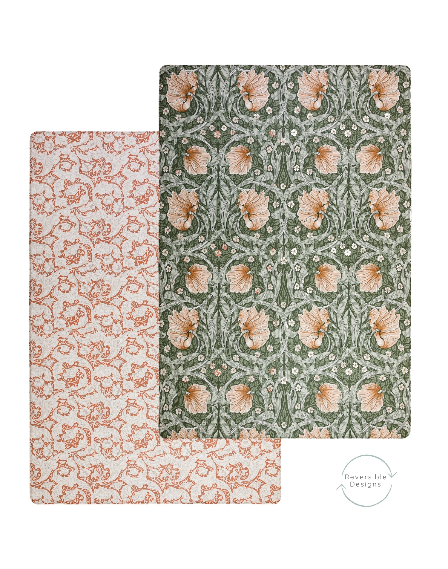 graphic showing the reversible sides of totter and tumble playmat in collaboration with Morris and Co