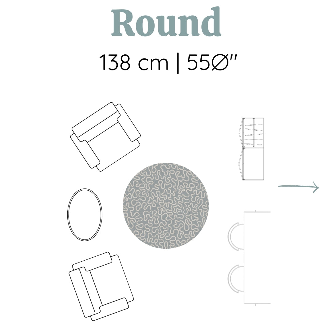 A sophisticated round playmat sits in a small living space. Perfect for growing families.
