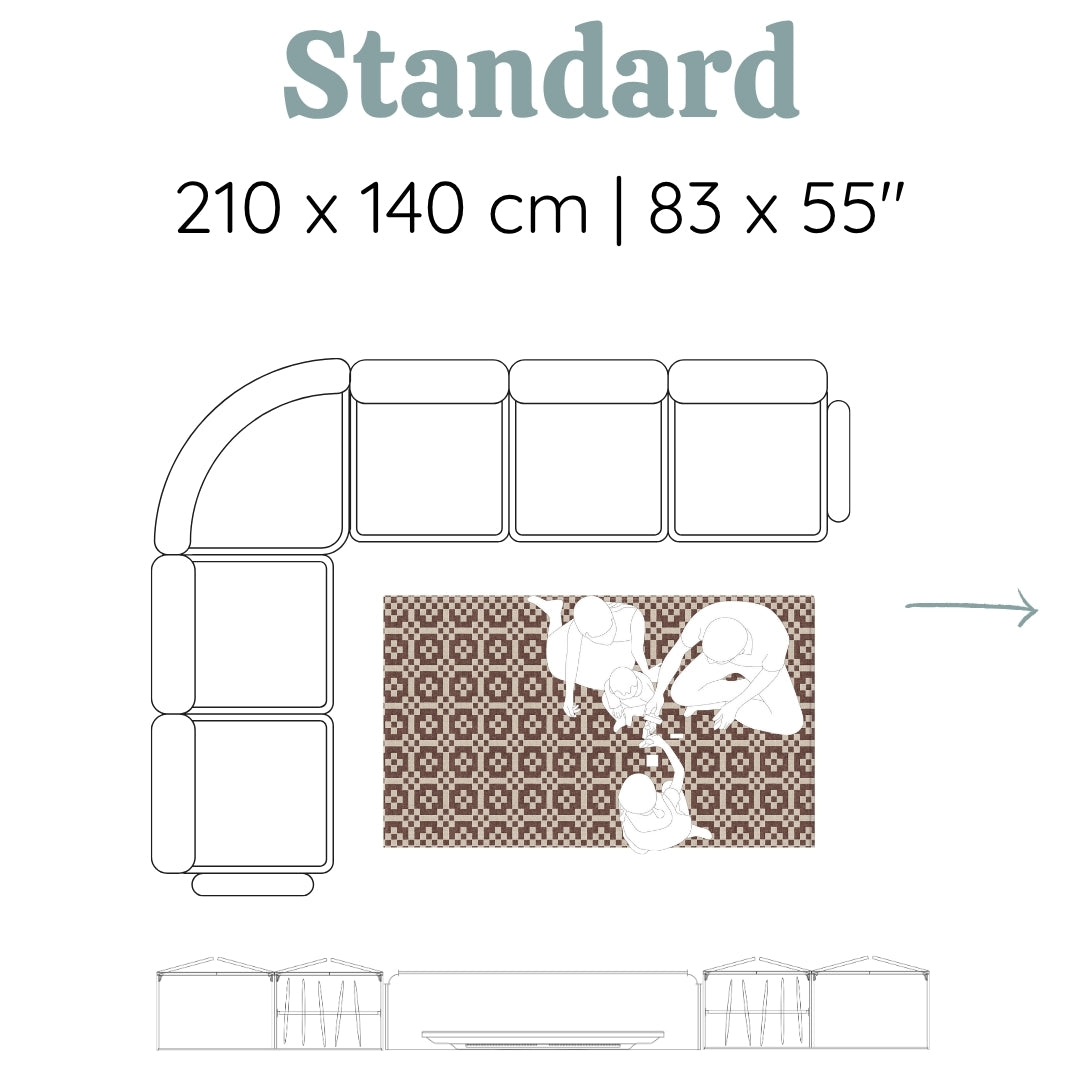 The Totter + Tumble Standard baby playmat  is 210 x 140cm. It fits into a living space perfectly.