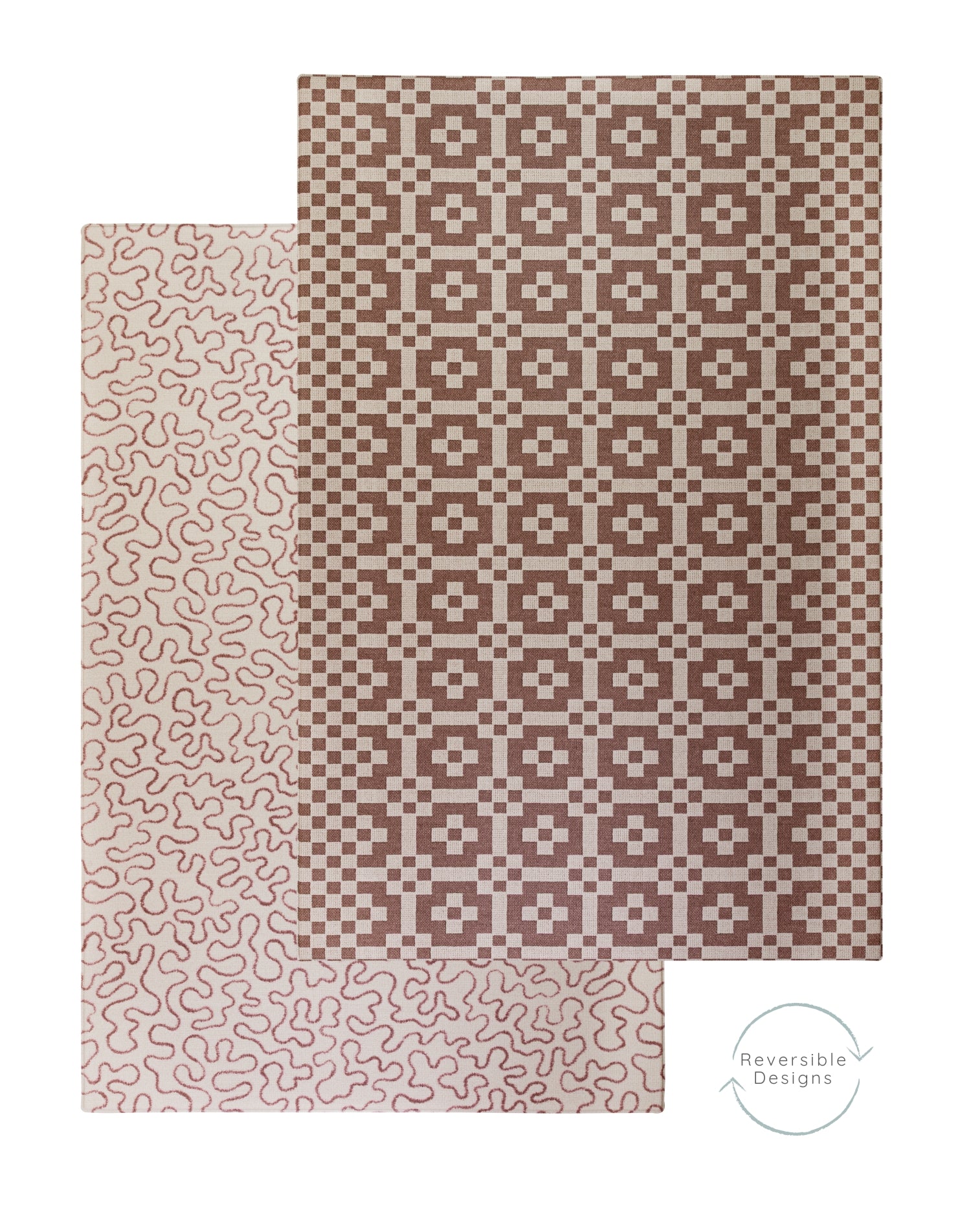 An overhead view of the reversible Weaver + Brecon baby playmat  in earthy tones by Totter + Tumble.