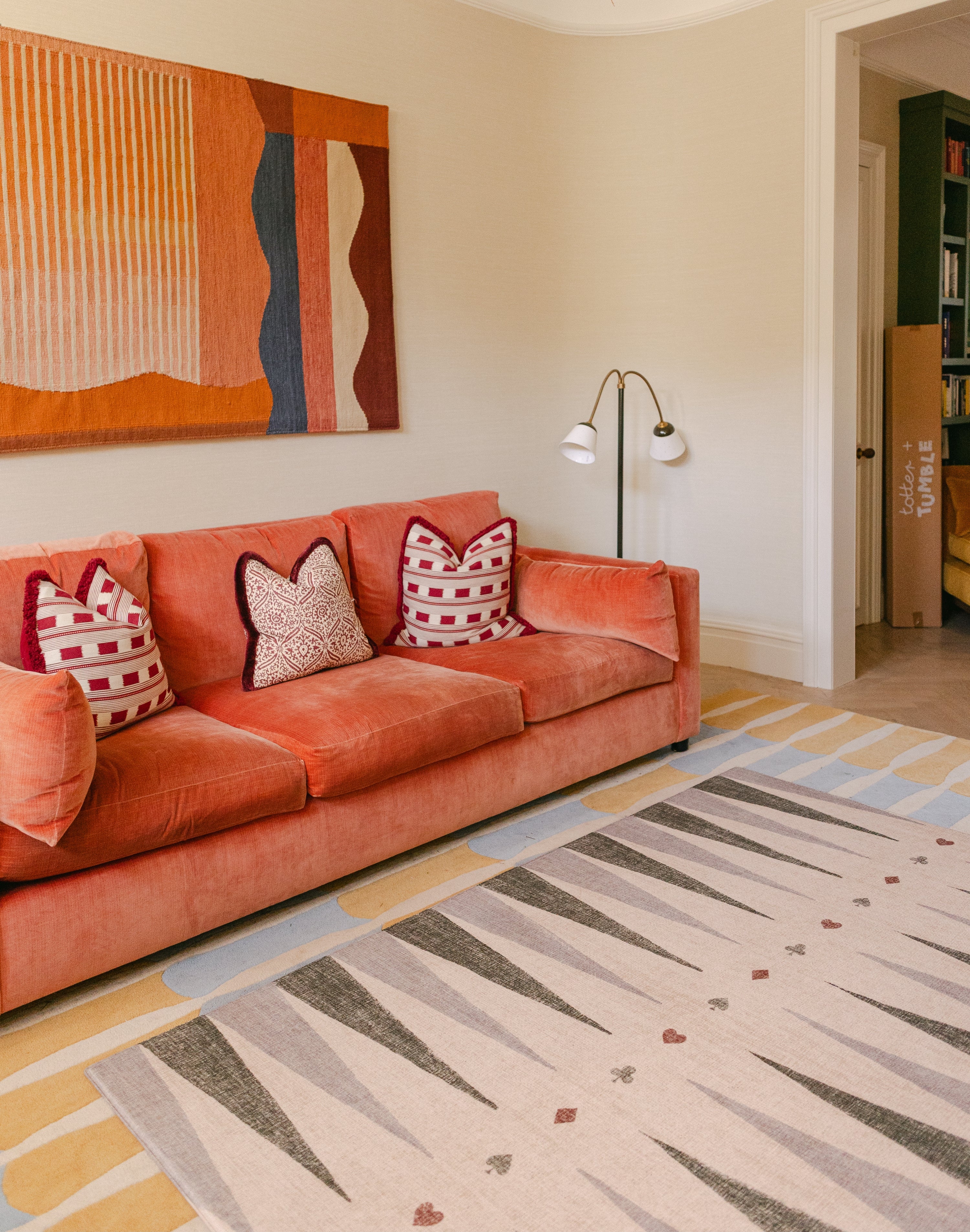 Colourful sofa and interiors with The Counter, Totter + Tumble wipeable and reversible memory foam playmat
