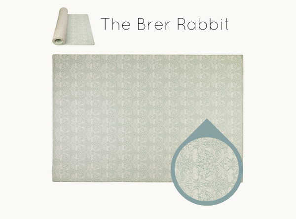 Subtle sage Brer Rabbit play mat Morris & Co. motif on Totter and Tumble play mat