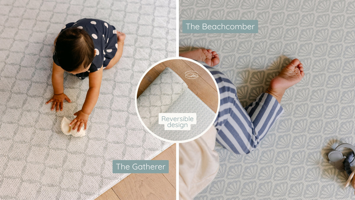 Two views of a baby playmats with a geometric pattern, labeled 'The Beachcomber' and 'The Gatherer'. The left view shows a baby crawling on the light beige rug, and the right view shows a baby lying on the reversible patterned rug.