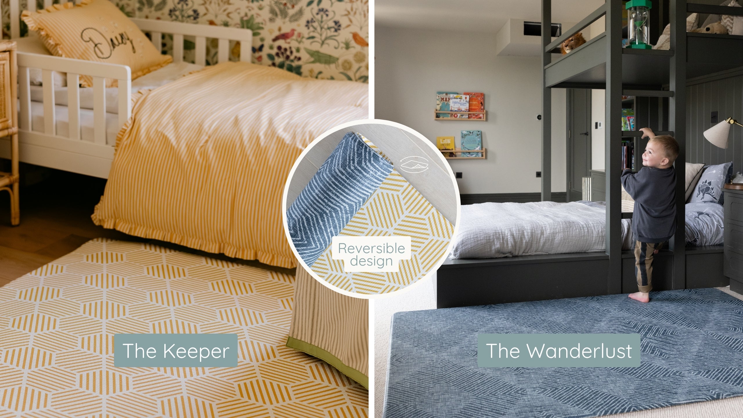 A split-screen lifestyle image showcasing two children's playmat in a bedroom setting. The left side shows a yellow and white geometric patterned rug labeled 'The Keeper' under a bed.