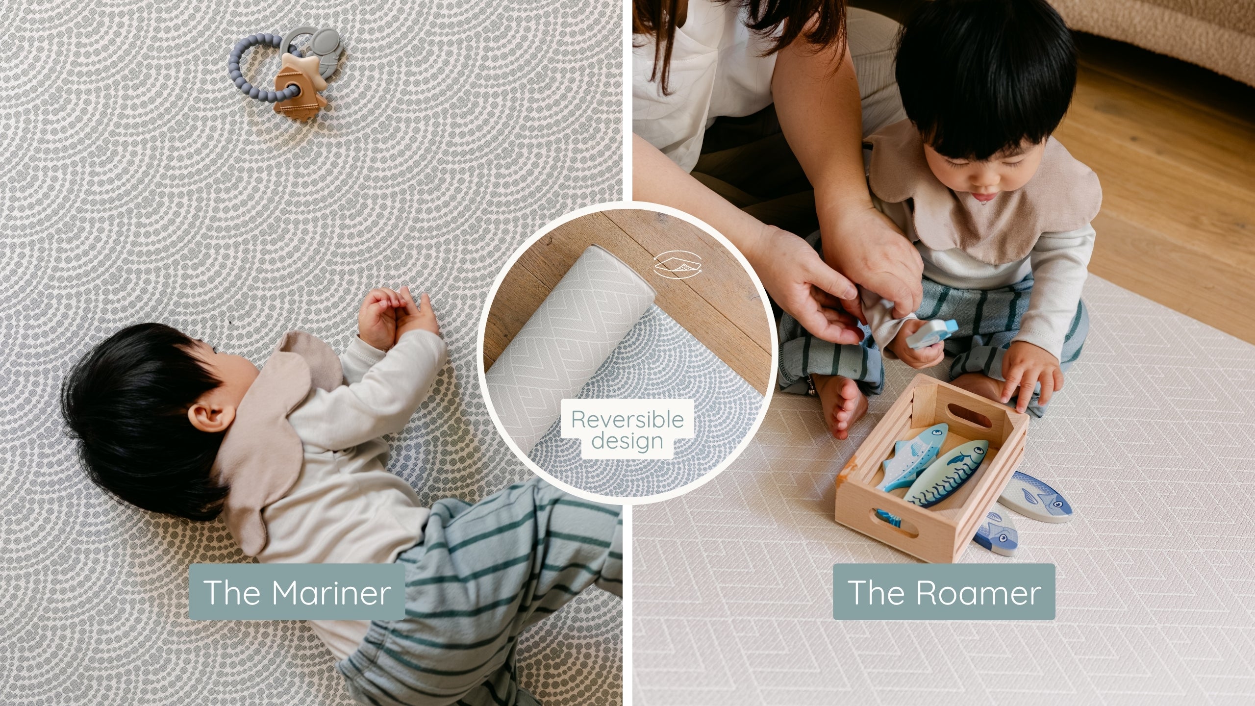 A split-screen lifestyle image showing a baby playmat in two configurations: 'The Mariner' with a baby lying on it, and 'The Roamer' with an adult and child playing on it. A circular inset highlights the reversible design of the mat.