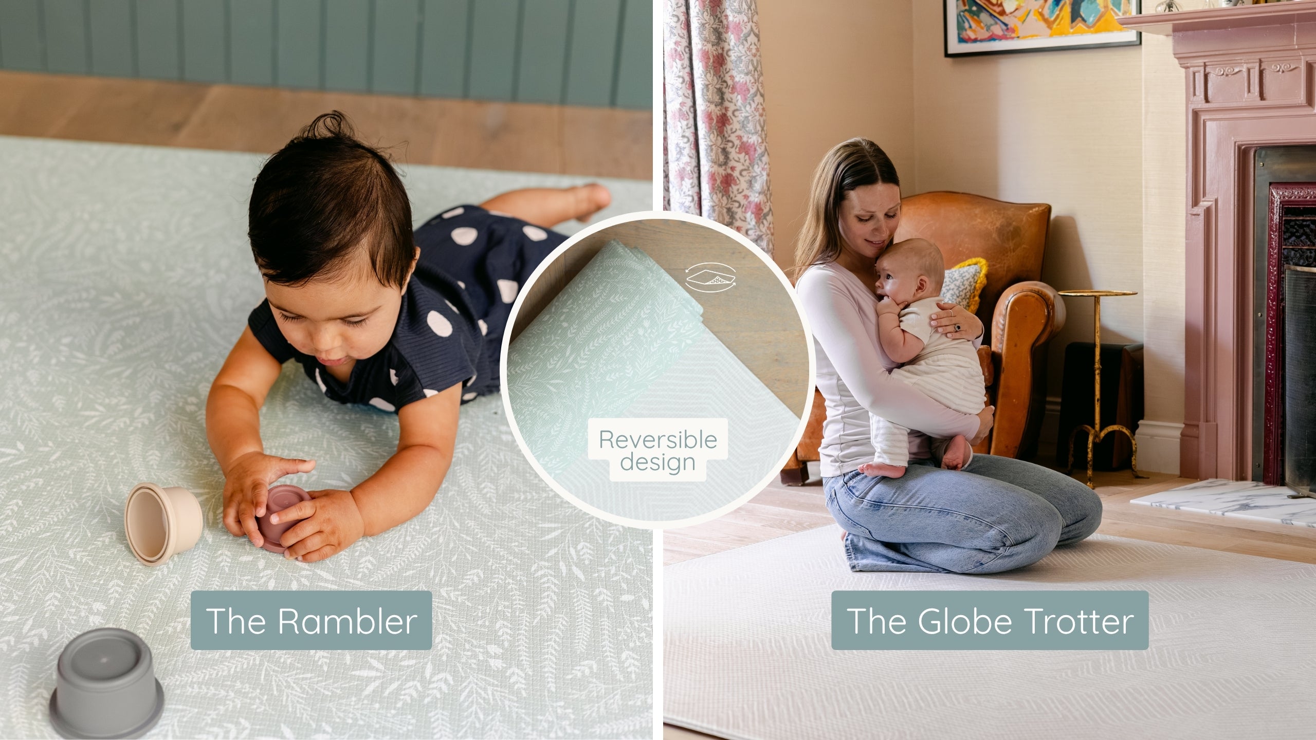 A split-screen lifestyle image showing babies and a woman using two soft baby playmats. The left panel shows a baby lying on a pale green reversible mat labeled 'The Rambler' with a circular inset highlighting the reversible pattern.