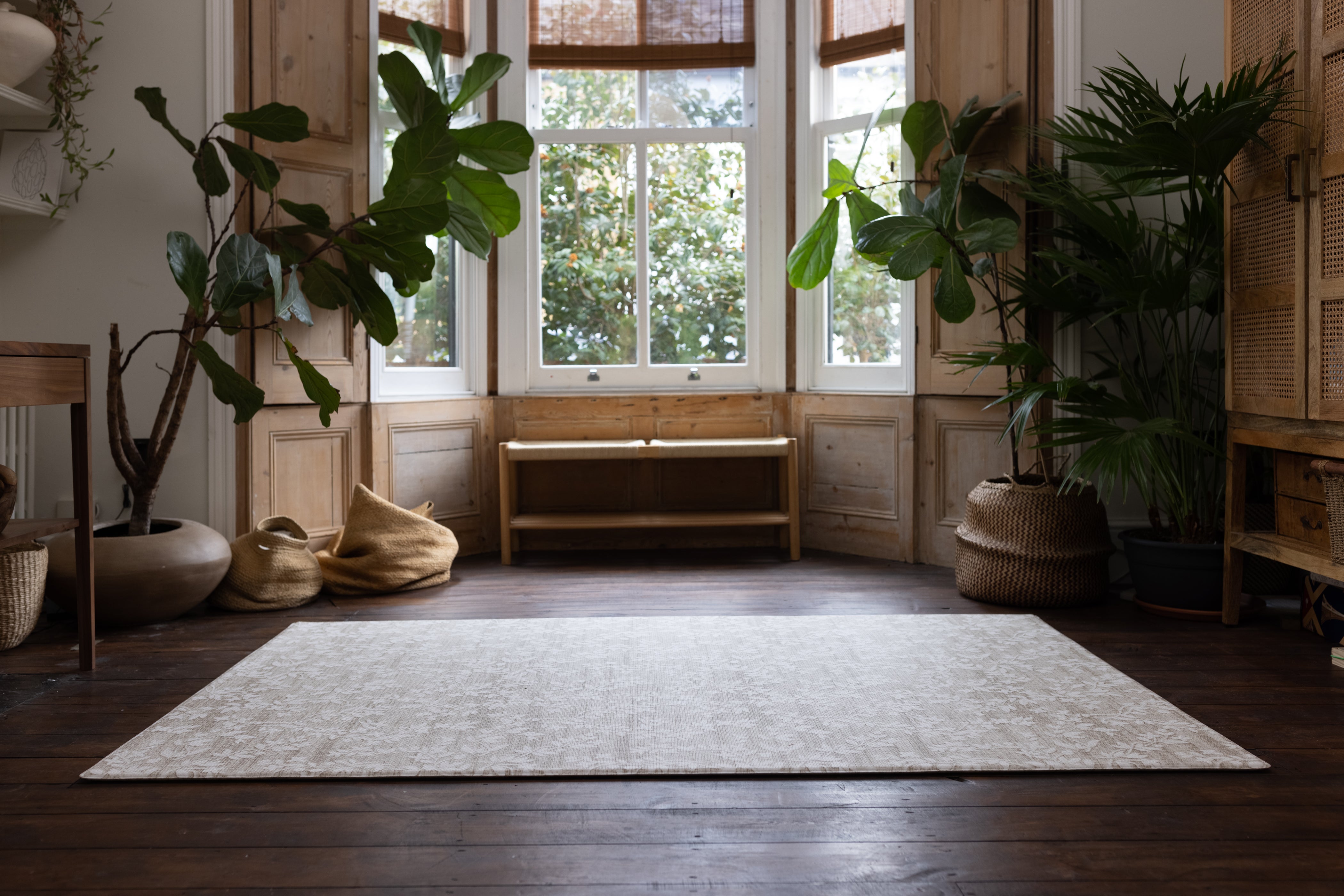 Floral neutral design memory foam playmat in living room