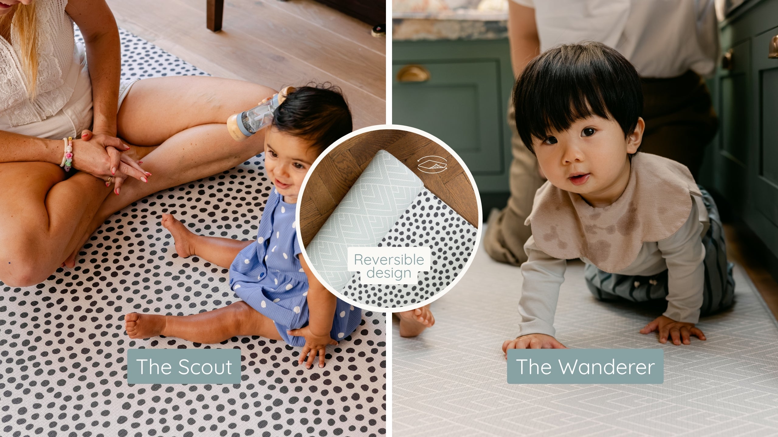A split-screen lifestyle collage showing two children using patterned playmats in a home setting, with an inset circle highlighting the reversible design of the mat. The left panel shows a woman sitting on a black-and-white patterned mat with a child in a blue polka-dot outfit.
